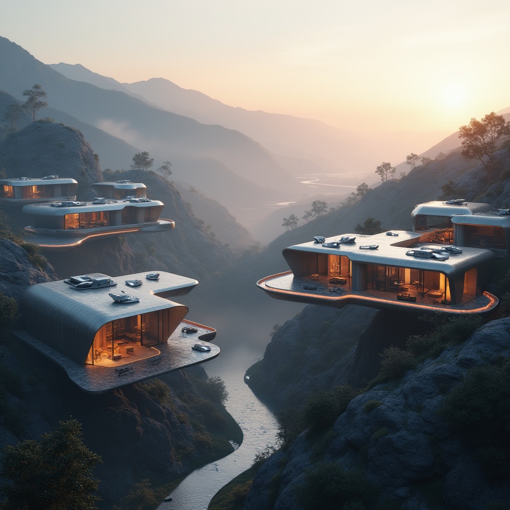 Prompt: Valley landscape, futuristic architecture, innovative design, sleek lines, metallic materials, glass façade, LED lights, neon signs, misty atmosphere, morning fog, sunrise, gentle hills, winding roads, modern villas, luxurious interiors, marble floors, minimalist decor, floor-to-ceiling windows, panoramic view, 3/4 composition, warm lighting, cinematic mood, ambient sounds of nature.