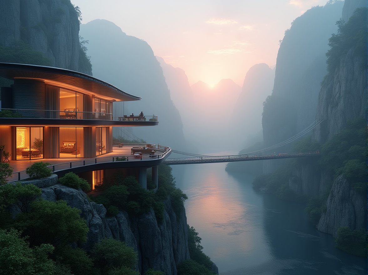 Prompt: Valley location, futuristic architecture, sleek lines, metallic materials, neon lights, misty atmosphere, foggy morning, sunrise, valley river, suspension bridge, modern villa, rooftop garden, luxurious interior, floor-to-ceiling windows, minimalist decor, greenery walls, ambient lighting, 3/4 composition, cinematic shot.