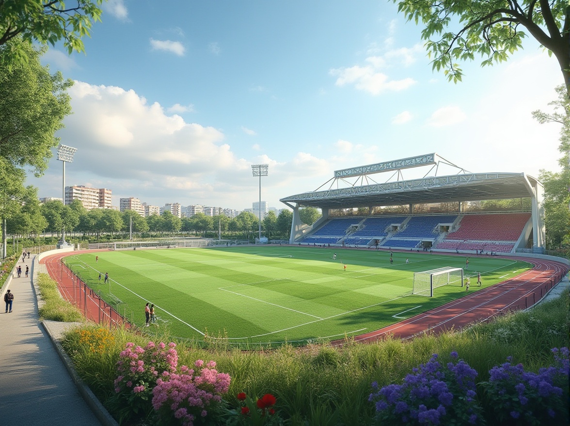 Prompt: Suburban context, stadium design, daytime, clear sky, fluffy white clouds, lush greenery, vibrant flowers, winding walkway, concrete pavement, sleek modern architecture, curved lines, metallic accents, translucent roof, panoramic view, 3/4 composition, soft natural lighting, warm ambient atmosphere, gentle breeze, people walking in the distance, children playing on the grass, soccer field, athletic track, goalposts, sports equipment, vibrant stadium seats, urban landscape, residential buildings nearby.