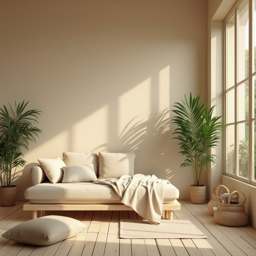 Prompt: Calming healing space, beige walls, wooden floor, comfortable sofa, soft cushions, green plants, natural light, large windows, minimalist decor, peaceful atmosphere, warm beige tones, gentle shadows, calming ambiance, soft focus, shallow depth of field, serene composition, natural textures, earthy materials, cozy nook, relaxing seating area, subtle color palette, soothing environment.