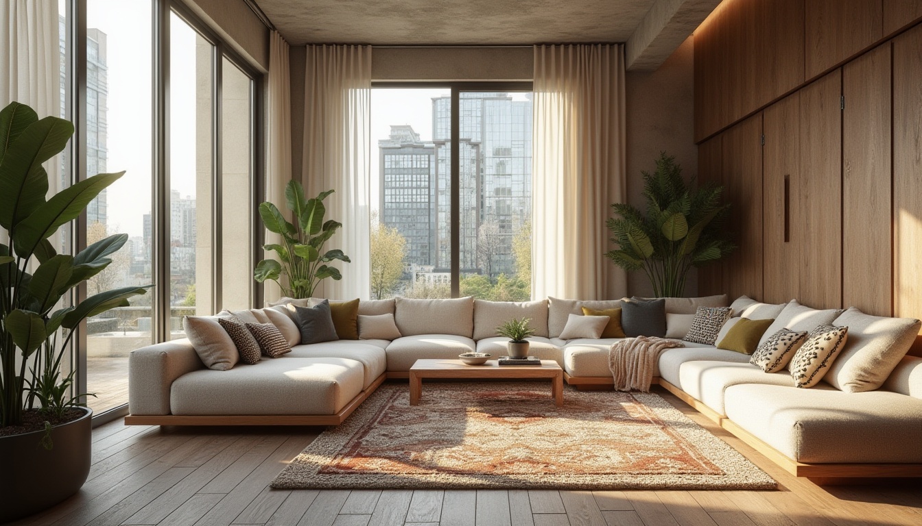 Prompt: Modern apartment building, incorporating fabrics, vernacular architecture, urban setting, concrete structure, glass windows, wooden accents, flowy white curtains, soft beige sofa, patterned throw pillows, Moroccan-inspired rug, potted plants, natural light pouring in, 3/4 composition, warm ambient lighting, shallow depth of field.