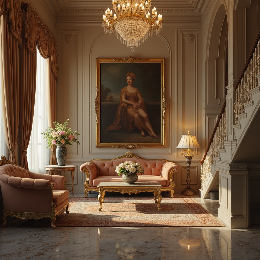 Prompt: Elegant interior, classic decor, luxurious atmosphere, oil painting on wall, gold frame, intricate patterns, velvet sofa, ornate coffee table, marble floor, crystal chandelier, heavy drapery, rich carpet, subtle lighting, warm beige walls, ornate mirror, antique vase, fresh flowers, spacious room, high ceiling, dramatic archways, grand staircase, Victorian-era inspired, soft focus, cinematic composition.