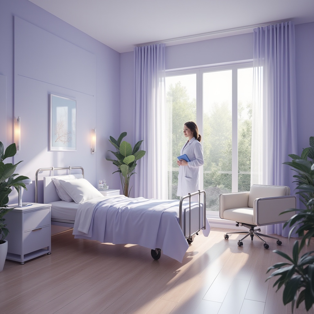 Prompt: Lavender blue themed hospital room, soft calming ambiance, gentle lighting, soothing color palette, relaxing atmosphere, modern minimalist furniture, sleek metal frame bed, comfortable cushioned chair, wooden floor, subtle lavender blue accents on walls and curtains, peaceful plants, natural daylight streaming through large windows, serene outdoor garden view, gentle rustling sound of leaves, warm beige tone medical equipment, stainless steel hospital instruments, calm doctor or nurse in white coat, gentle smiling face, soft spoken words, gentle hand gestures, tender patient care, comforting healthcare environment.