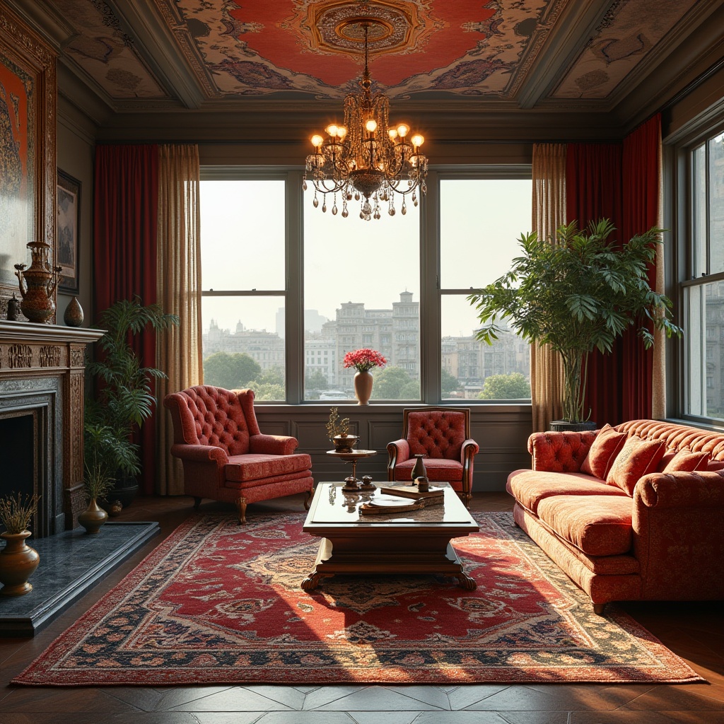 Prompt: Eclectic interior design, luxurious living room, lavish furniture, bold color palette, intricate patterns, ornate accessories, vintage rug, modern chandelier, floor-to-ceiling windows, city view, afternoon sunlight, warm ambiance, 3/4 composition, soft focus, shallow depth of field.