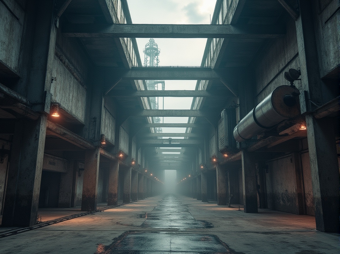 Prompt: Industrial building, factory architecture, modern expressionism style, angular metal beams, exposed ductwork, concrete floors, steel pillars, industrial lamps, urban cityscape, cloudy sky, dramatic lighting, high contrast, cinematic composition, 3/4 view, low-angle shot, atmospheric fog, misty morning, brutalist aesthetic, monochromatic color scheme, distressed textures, worn machinery parts, rusty metal accents, avant-garde details.