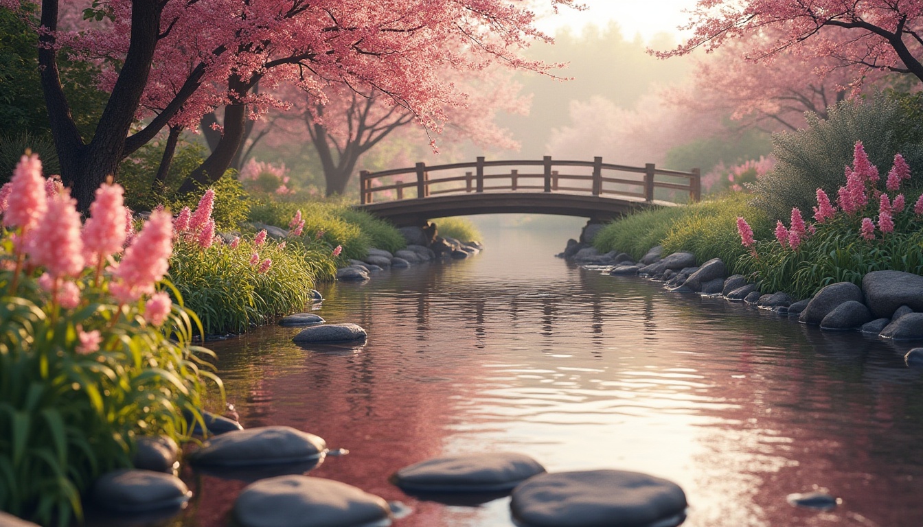 Prompt: Mauve colored riverbank, serene atmosphere, gentle slope, lush greenery, vibrant mauve flowers blooming, soft grass, few stepping stones leading to the water's edge, a delicate wooden bridge crossing over, subtle mauve hues reflected in calm rippling water, warm sunlight casting long shadows, 3/4 composition, panoramic view, shallow depth of field, realistic rendering.