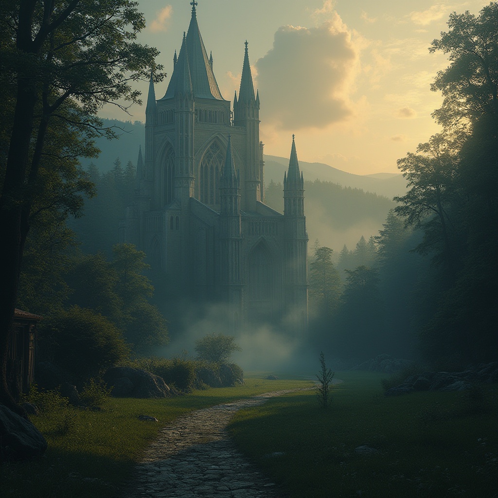 Prompt: Rural landscape, rolling hills, dense forest, misty atmosphere, medieval-inspired Gothic architecture, grand cathedral, intricate stone carvings, stained glass windows, pointed arches, ribbed vaults, flying buttresses, mysterious ambiance, overgrown vegetation, vines crawling up walls, moss-covered stones, eerie twilight, warm golden lighting, dramatic clouds, 3/4 composition, atmospheric perspective, cinematic mood, soft focus, dreamy quality.