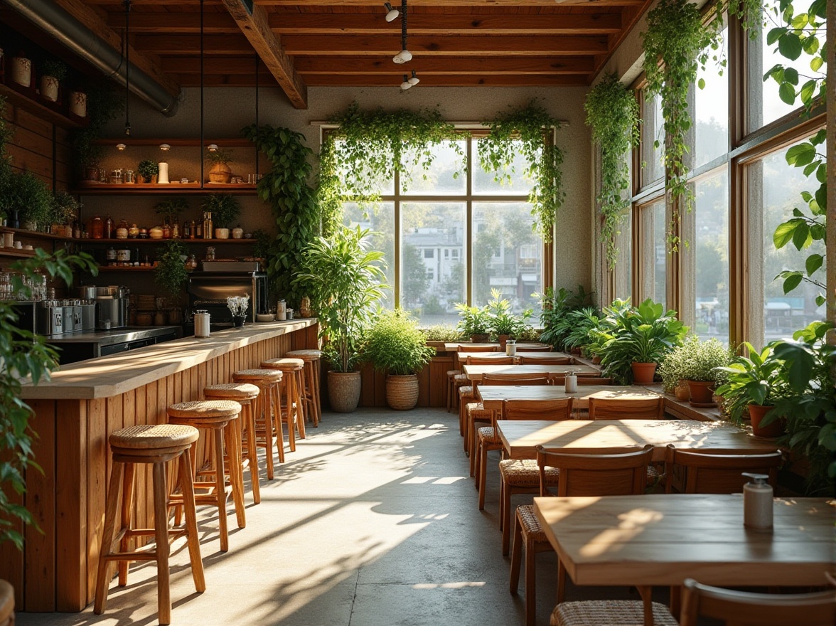 Prompt: Sustainable coffee shop, eco-friendly architecture, recycled materials, wooden accents, living green walls, natural lighting, open layout, minimalist decor, reclaimed wood tables, rattan chairs, potted plants, earthy color palette, warm atmosphere, cozy corners, large windows, city view, urban setting, morning sunlight, soft focus, shallow depth of field.