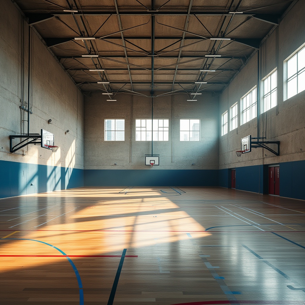 Prompt: Modern gymnasium, plastered concrete walls, natural light pouring in through large windows, polished wooden floors, sleek metal beams, basketball hoops, athletic tracks, fitness equipment, vibrant color accents, dynamic angles, low-angle shot, strong shadows, dramatic lighting, urban feel, abstract background, bold composition, high-contrast image, gritty texture.