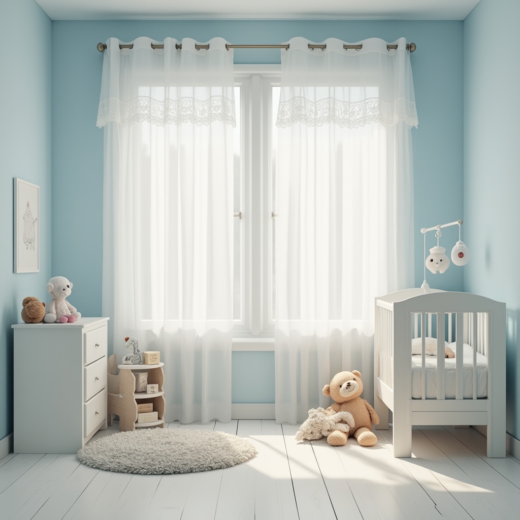 Prompt: Soothing nursery, baby blue walls, white furniture, delicate lace curtains, gentle drapes, serene atmosphere, warm softbox lighting, few toys scattered, stuffed animals sitting, baby blocks stacked, crib in corner, mobile above, pale wood flooring, subtle texture, pastel color palette, calm composition, shallow depth of field, peaceful ambiance.