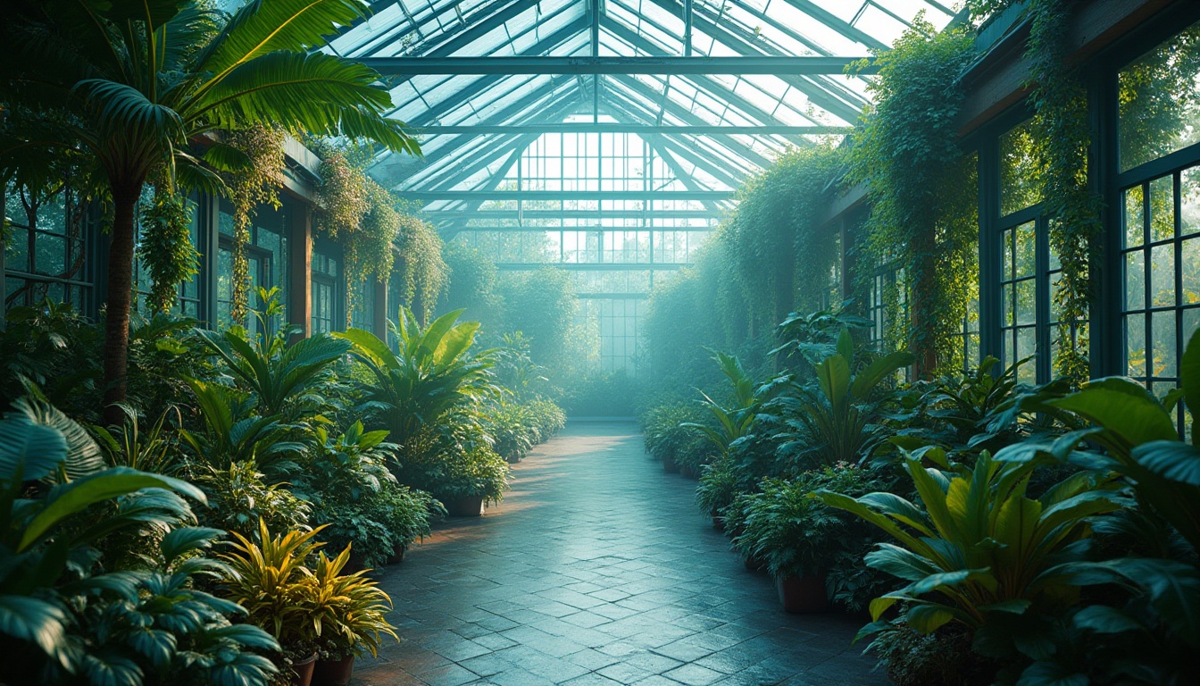 Prompt: Cerulean blue, greenhouse interior, lush greenery, tropical plants, exotic flowers, vines crawling up walls, wooden trellis, natural light pouring in, glass roof, steel frame structure, modern minimalist decor, sleek lines, industrial chic, urban jungle atmosphere, misty ambiance, warm soft lighting, 3/4 composition, shallow depth of field.