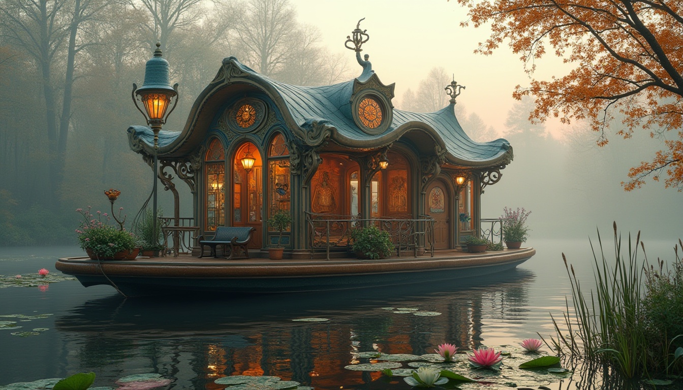 Prompt: Whimsical Art Nouveau boathouse, ornate ironwork, sinuous lines, flowing curves, organic forms, stained glass windows, Tiffany lamps, intricate carvings, mosaic tiles, natural materials, wooden accents, wavy rooflines, asymmetrical facade, waterfront, serene lake, lily pads, cattails, misty morning, soft warm lighting, 3/4 composition, shallow depth of field.