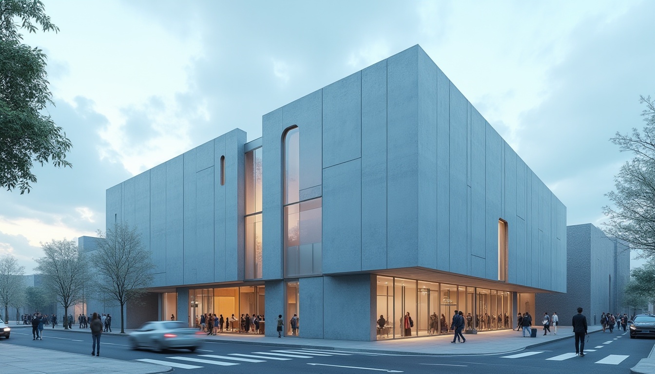 Prompt: Powder blue building, modern architecture, sleek lines, minimalist design, large glass windows, steel frames, subtle gradient effect, gentle curves, soft lighting, cloudy sky, urban cityscape, busy streets, pedestrians walking by, vibrant street art, geometric shapes, smooth concrete, subtle texture, 3/4 composition, panoramic view, cinematic atmosphere, warm afternoon light.