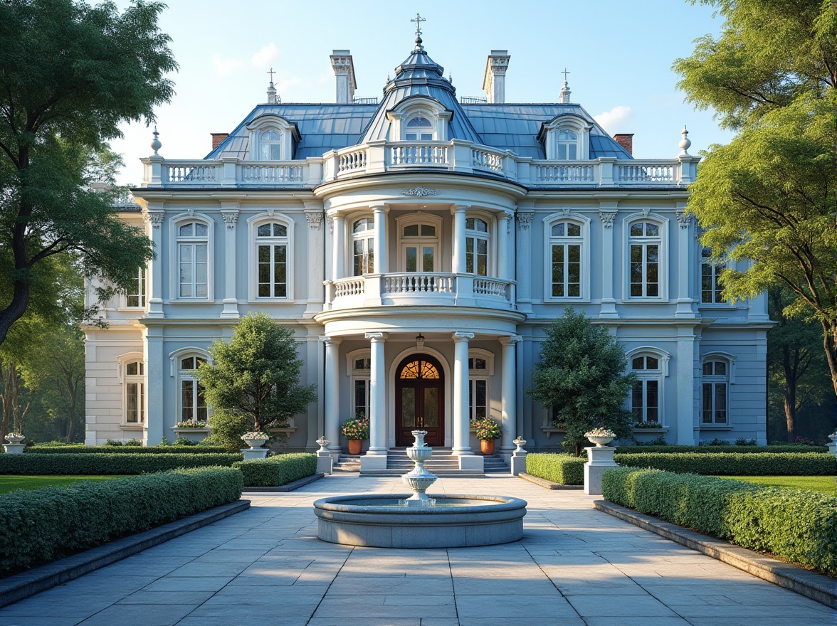 Prompt: Classic residential building, incorporating blue color, European-style architecture, ornate facade, grand entrance, white marble columns, blue-gray stone walls, stained glass windows, intricate roof details, symmetrical composition, central fountain, lush greenery, blooming flowers, serene atmosphere, soft natural light, warm afternoon sun, subtle shadows, detailed textures, realistic materials.