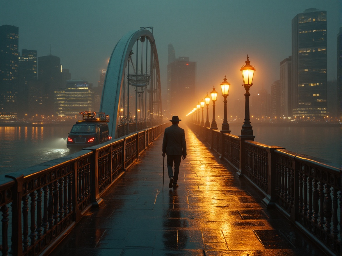 Prompt: Art Deco style bridge, elegant curved lines, metallic materials, ornate decorations, symmetrical composition, nighttime scene, cityscape background, modern skyscrapers, river flowing underneath, soft golden lighting, fog effect, misty atmosphere, pedestrian walking on the bridge, solo figure, fashionable clothing, fedora hat, holding a cane, luxurious car driving by, vintage style lamps, intricate iron railings, ornate pillars, geometric patterns, metallic textures, cinematic depth of field, high contrast, warm color tone.