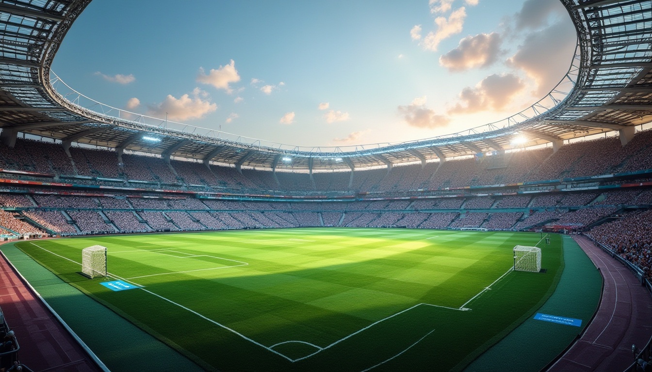 Prompt: Modern stadium, futuristic architecture, polyethylene material, transparent roof, durable structure, vibrant seats, lush green grass, athletic tracks, goalposts, football players, dynamic movement, intense competition, evening game, floodlights, panoramic view, high-angle shot, cinematic composition, soft focus, warm ambient lighting.