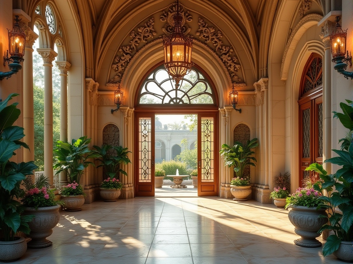 Prompt: Romanesque visitor center, grand archway entrance, intricate stone carvings, heliotrope-colored accents, warm golden lighting, ornate wooden doors, Gothic-inspired windows, lush greenery, vibrant flower arrangements, elegant chandeliers, cream-colored stonework, ornamental fountains, tranquil ambiance, afternoon sunbeams, soft focus, cinematic composition.