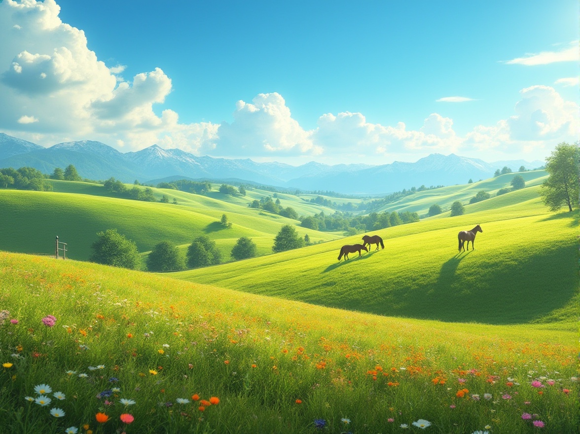 Prompt: Rolling hills, endless green grasslands, sunny afternoon, clear blue sky with puffy white clouds, gentle breeze, wildflowers blooming in vibrant colors, a winding dirt path, few trees scattered around, a small wooden fence, a few horses grazing peacefully, a distant mountain range creating a serene backdrop, soft warm lighting, cinematic composition, shallow depth of field, natural atmosphere.