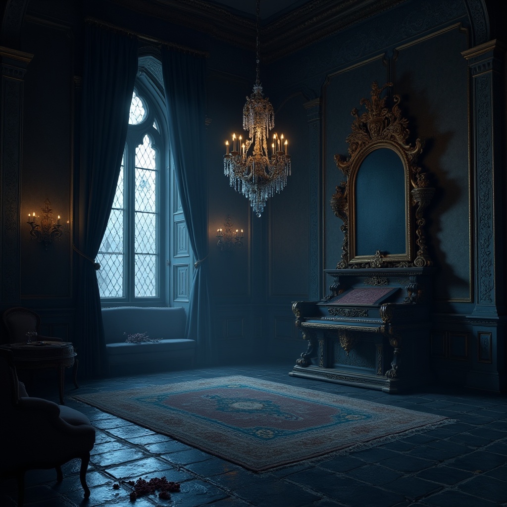 Prompt: Dark, mysterious gothic interior, navy blue walls, ornate gold frames, luxurious velvet drapes, antique wooden furniture, intricate carvings, grand chandelier, dim candlelight, mysterious shadows, atmospheric fog, eerie silence, abandoned mansion, old castle, medieval architecture, stone walls, stained glass windows, dramatic archways.