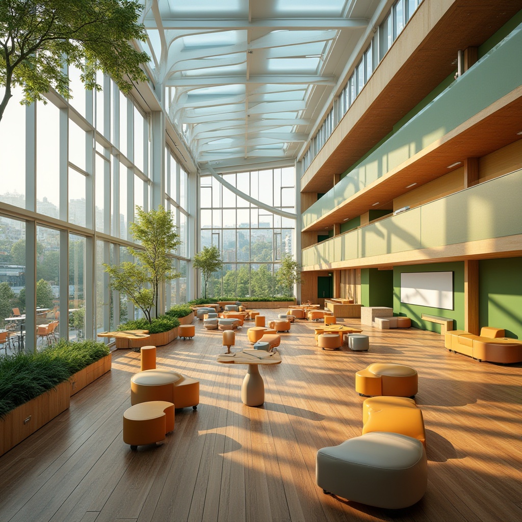 Prompt: Modern high school building, vibrant colors, large windows, natural light, open spaces, collaborative learning areas, interactive whiteboards, comfortable seating, wooden floors, minimalist decorations, green walls, rooftop garden, cityscape view, afternoon sunlight, soft shadows, shallow depth of field, 3/4 composition, architectural photography, warm and inviting atmosphere.