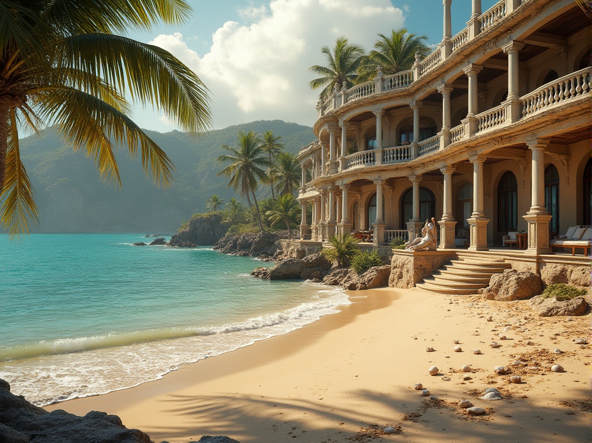 Prompt: Renaissance style beach villa, incorporating steel, grandeur architecture, majestic columns, ornate railings, intricate metalwork, sandy beach, crystal clear turquoise water, seashells scattered, driftwood, palm trees swaying, warm sunlight, gentle ocean breeze, morning mist, soft golden lighting, dramatic composition, low-angle shot, 3/4 view, atmospheric perspective.