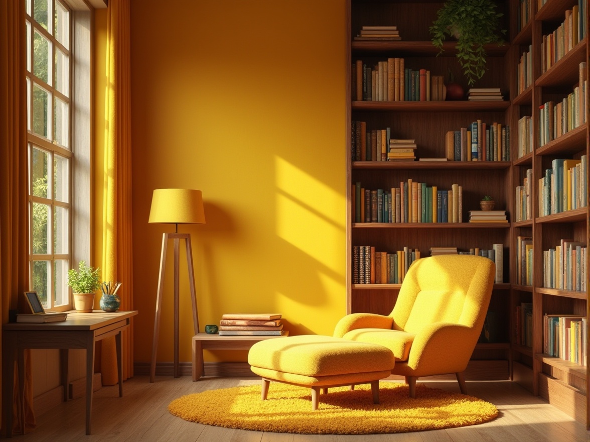 Prompt: Cozy library interior, yellow accent wall, wooden bookshelves, warm lighting, comfortable reading nook, plush yellow armchair, matching ottoman, floor lamp with yellow shade, wooden desk with yellow pencils, stacks of books with yellow bookmarks, soft yellow carpet, calm atmosphere, natural light pouring in through large windows, subtle wood grain texture, 3/4 composition, shallow depth of field, warm color tone.