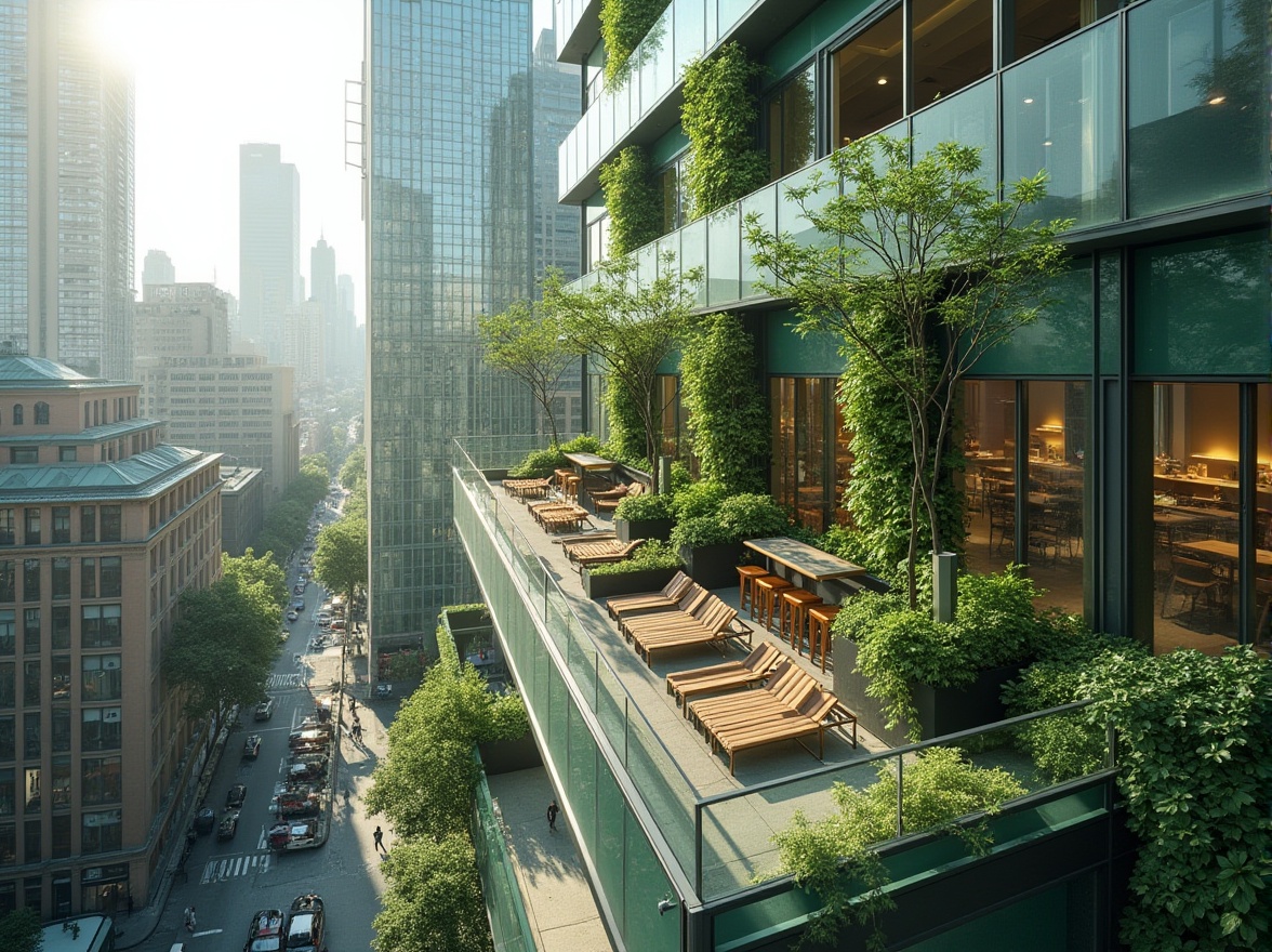 Prompt: urban cityscape, modern skyscraper, light green glass facade, lush greenery walls, vertical garden, trendy rooftop bar, chic lounge chairs, minimal decor, sleek lines, polished steel, glass railings, bustling streets, morning sunlight, soft focus, vibrant city life, eclectic mix of old and new architecture, people walking, cycling, green urban oasis.