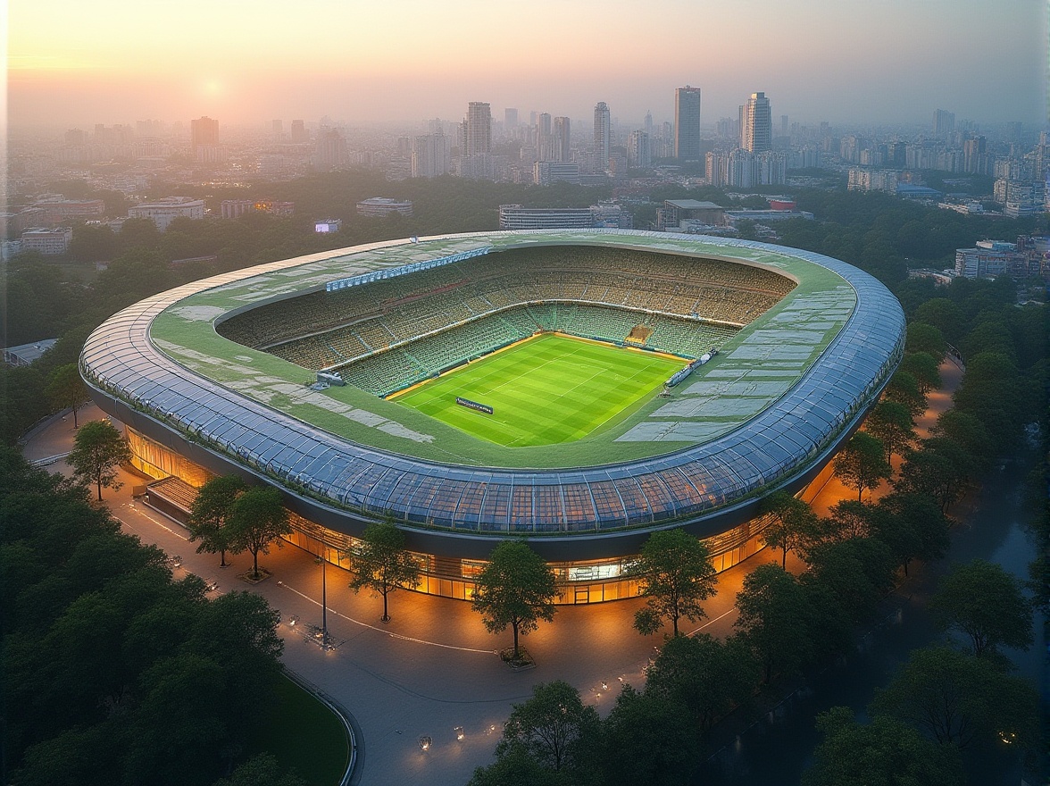 Prompt: Modern stadium, sustainable architecture, green roof, solar panels, rainwater harvesting system, recycling facilities, eco-friendly materials, natural ventilation, large windows, skylights, open space, minimalist interior design, audience seating area, sports equipment storage, athlete's lounge, press conference room, panoramic view, aerial shot, urban landscape, city skyline, evening lighting, warm tone, realistic rendering, depth of field, cinematic composition.