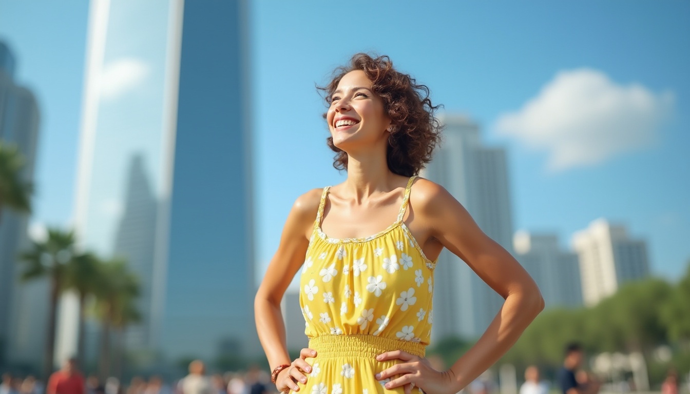 Prompt: Mature lady, smiling, curly brown hair, gentle makeup, wearing a bright yellow sundress with white flowers, standing in front of a skyscraper, hands on hips, looking up at the tower's grandeur, cityscape, sunny day, clear blue sky, few puffy clouds, people walking in the background, blurred motion, shallow depth of field, natural lighting, 3/4 composition, warm atmosphere.