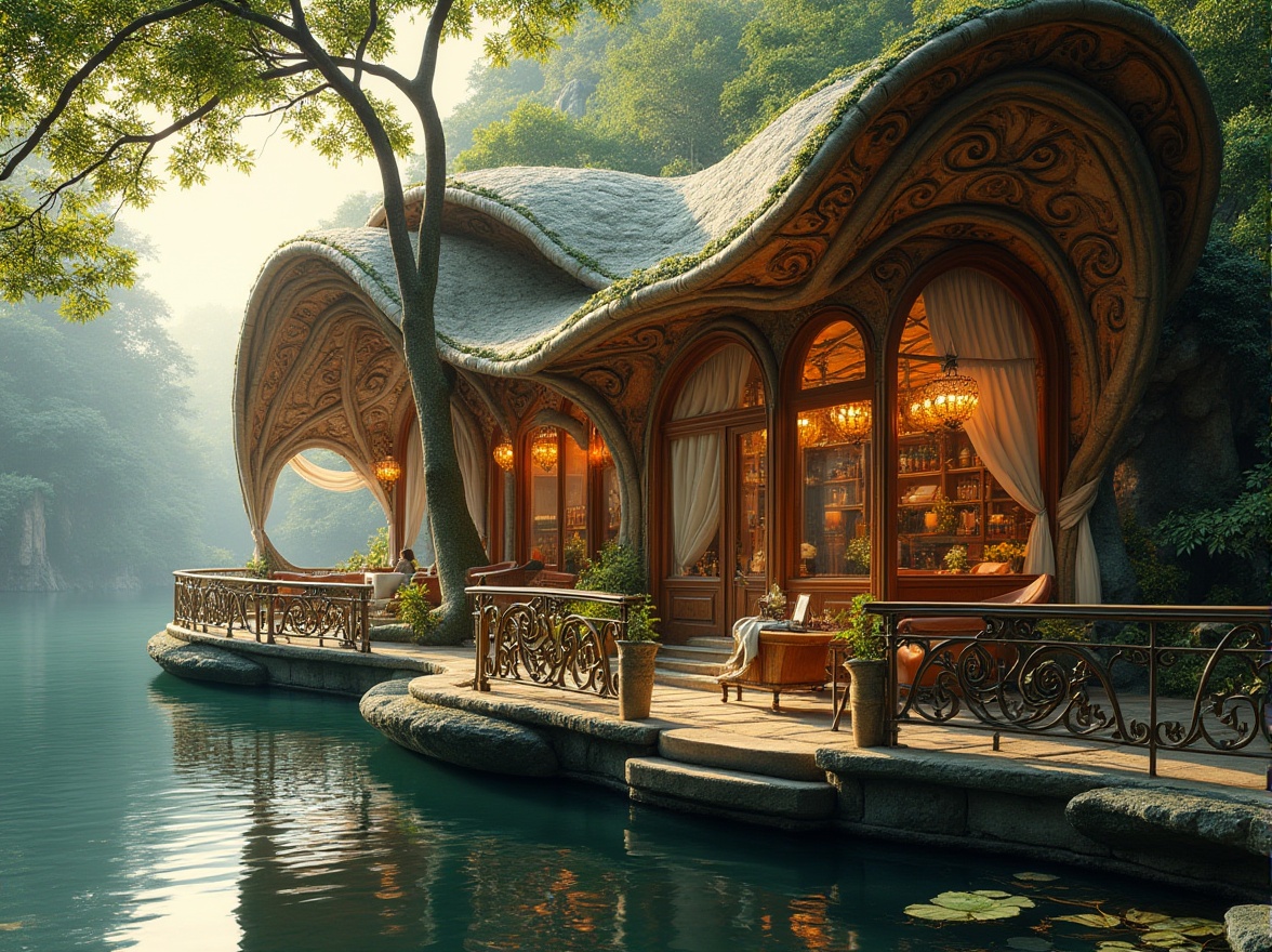 Prompt: Curved lines, flowing ornate details, organic forms, botanical motifs, whiplash tendrils, sinuous shapes, luxurious materials, wooden accents, intricate carvings, stained glass windows, Art Nouveau-inspired architecture, boathouse design, waterfront location, serene lake scene, lush greenery surroundings, overhanging trees, tranquil atmosphere, warm golden lighting, soft focus, 3/4 composition, ornate ironwork railings, flowing fabric canopies, luxurious interior decor.