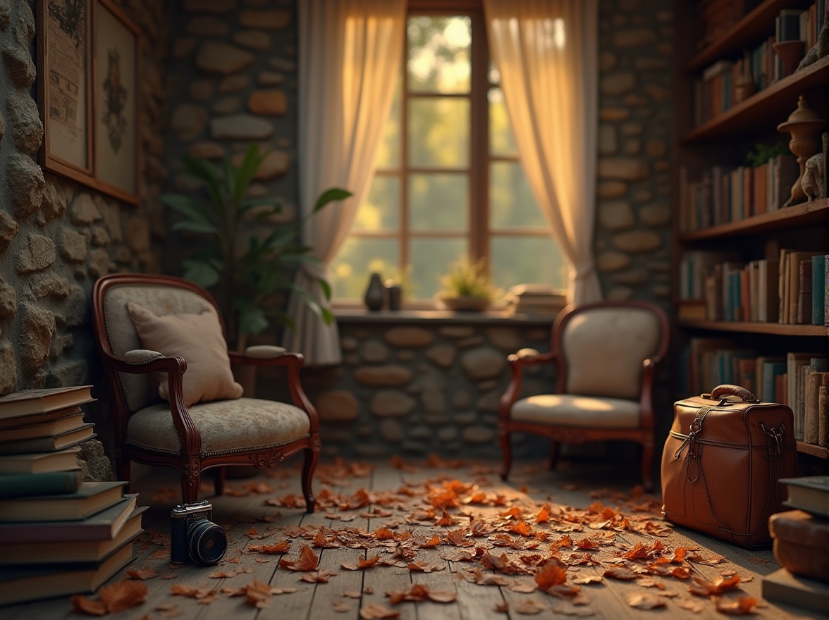 Prompt: Brown color, earthy tone, natural atmosphere, wooden texture, rough stone wall, vintage furniture, warm lighting, cozy ambiance, autumn forest, fallen leaves, rusty metal, old bookshelf, classic camera, leather bag, simple composition, shallow depth of field, nostalgic mood, soft focus.