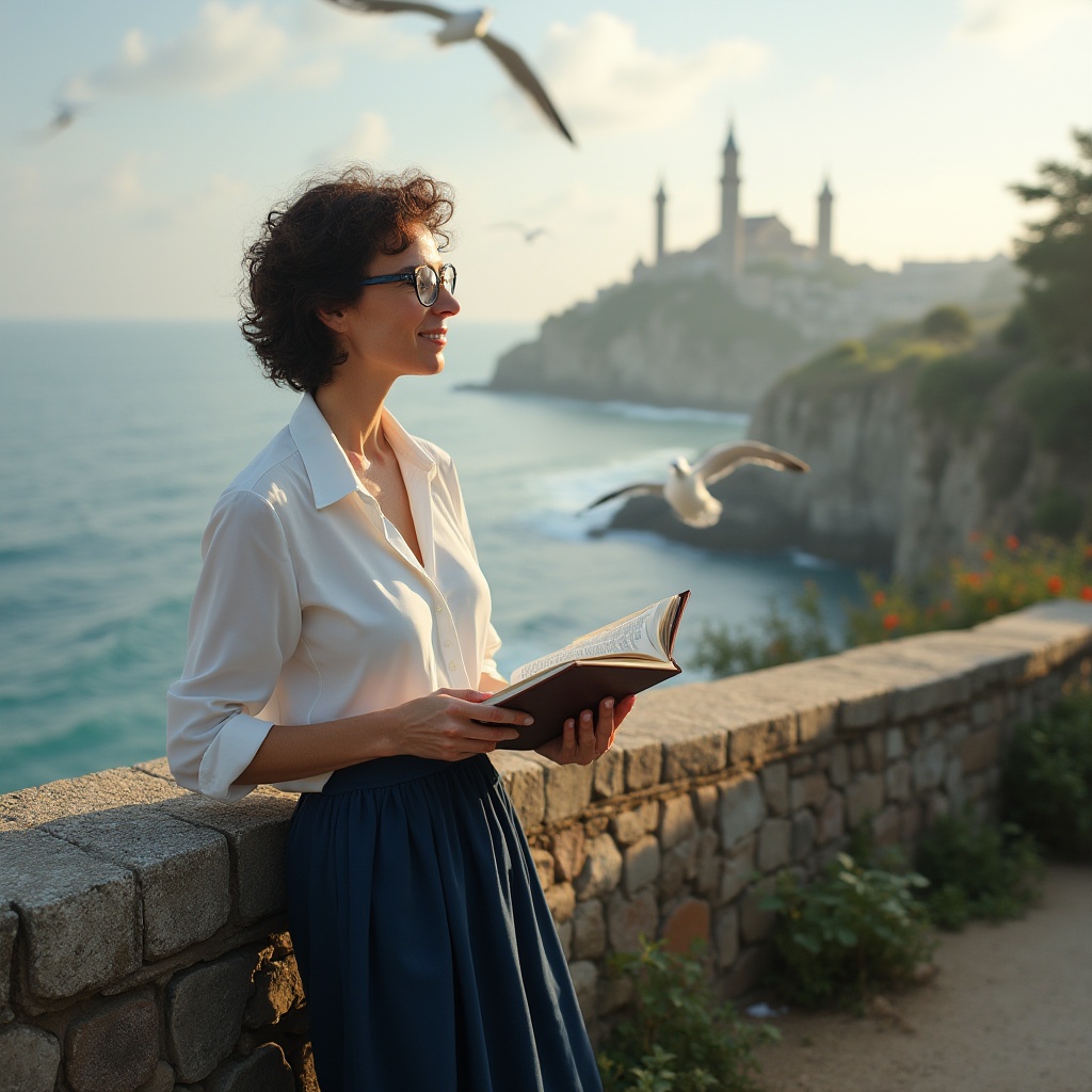 Prompt: Mature lady, professor style, solo, (35yo), short curly brown hair, minimal makeup, glasses, white blouse, long dark blue skirt, holding a book, standing, leaning against a stone wall, watching towers, coastal scenery, afternoon sunlight, gentle sea breeze, seagulls flying overhead, waves crashing against the shore, rugged cliffs, lush greenery, weathered wooden railings, warm and soft ambient lighting, 3/4 composition, panoramic view.