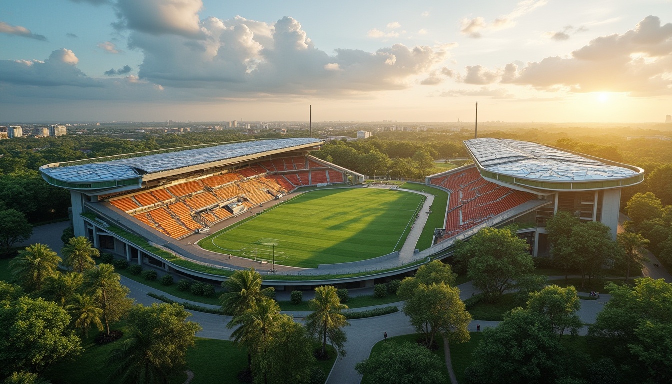 Prompt: Savanna stadium, successful case study, modern architecture, curved lines, green roof, solar panels, natural ventilation, open grandstand, vibrant African patterned seats, lush greenery, tropical trees, sunny day, clear blue sky, dramatic clouds, aerial view, panoramic shot, 3/4 composition, warm lighting, golden hour.