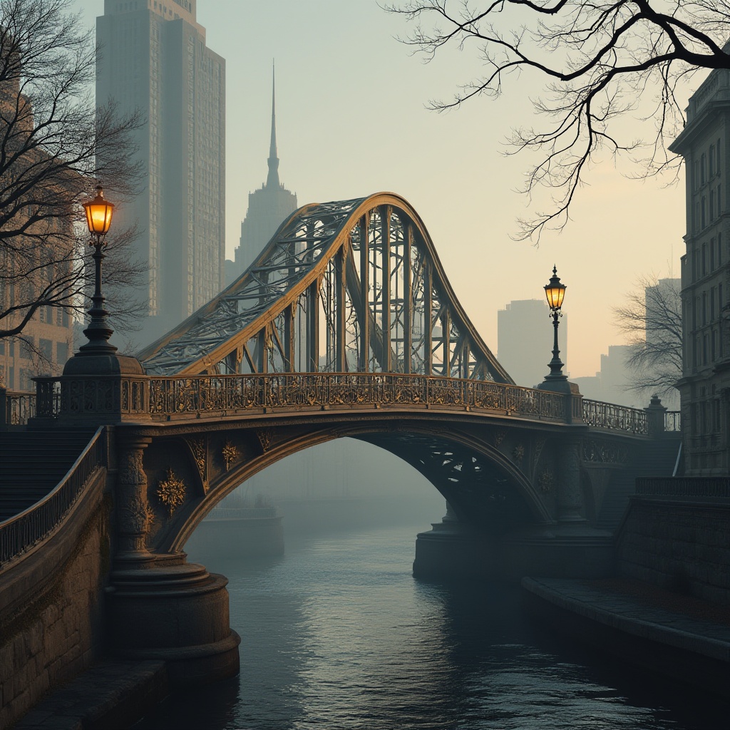 Prompt: Art Deco bridge, luxurious, elegant, metallic latticework, curved lines, ornate details, golden accents, vintage lamp posts, symmetrical composition, low-angle shot, misty morning, cityscape background, river flowing underneath, gentle ripples, soft warm lighting, cinematic atmosphere, nostalgic mood.