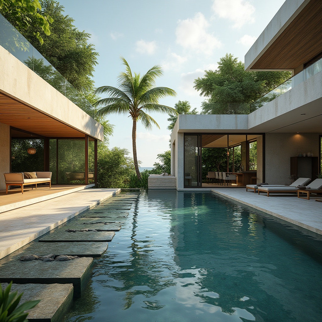 Prompt: Lakefront modernism, luxurious villa, Lavacrete material, sleek lines, minimalist decor, floor-to-ceiling windows, sliding glass doors, reflective pool, infinity edge, surrounding lush greenery, tropical plants, palm trees, sunny day, warm ambient lighting, 3/4 composition, soft focus on the background, shallow depth of field, modern furniture, low-profile sofas, marble countertops, wooden accents, water feature wall, stepping stones, rippling water effects.