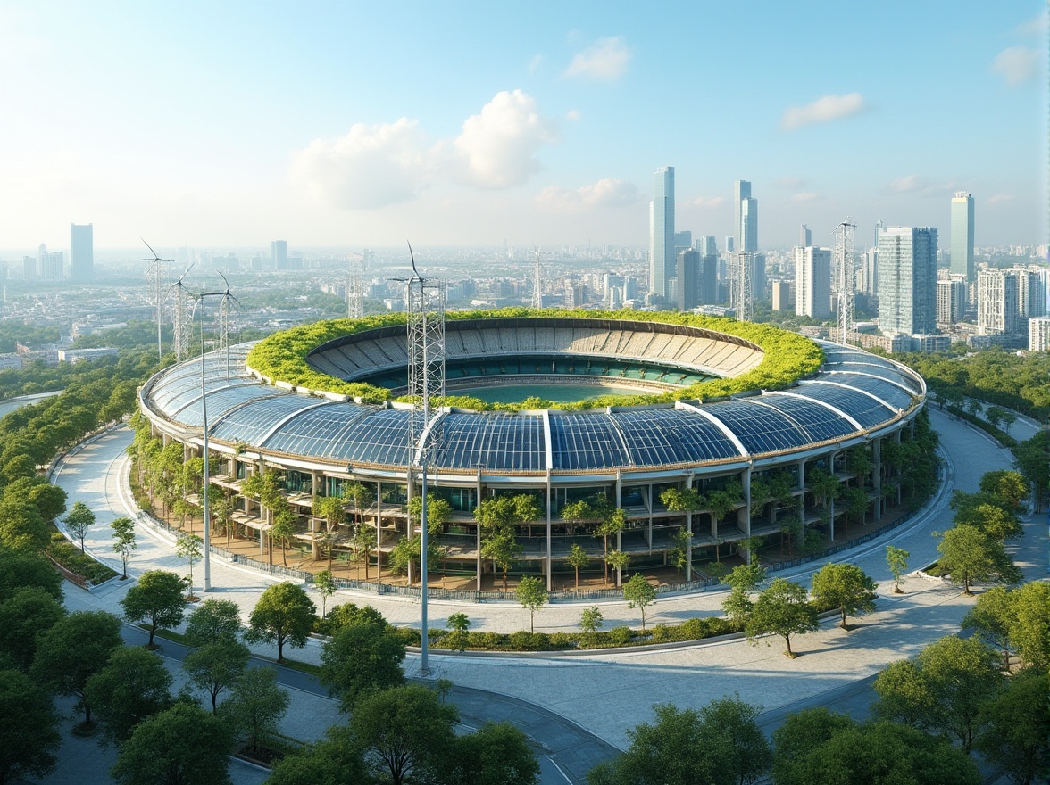 Prompt: Stadium, sustainable architecture, green building, eco-friendly materials, solar panels, wind turbines, recycling facilities, rainwater harvesting system, green roof, living walls, natural ventilation, energy-efficient systems, LED lighting, composting toilets, bamboo and recycled wood structures, translucent façade, angular lines, modern design, urban skyline, cityscape, daytime, sunny weather, clear blue sky, panoramic view, 3/4 composition, soft natural light.