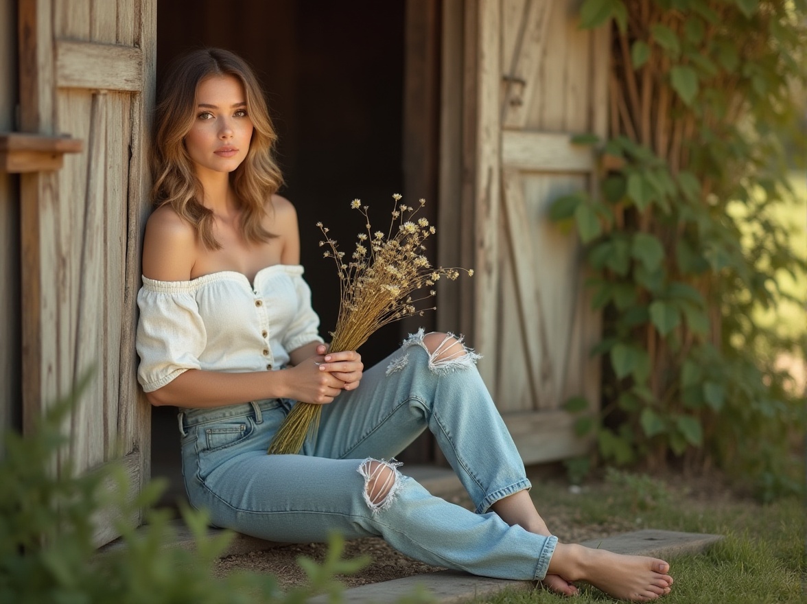 Prompt: Soft, warm Gainsboro color palette, gentle feminine woman, 20s, relaxed posture, leaning against a vintage wooden door, soft focus, dreamy eyes, subtle makeup, wavy light brown hair, casual white off-shoulder top, high-waisted distressed denim jeans, bare feet, holding a bunch of wildflowers, surrounded by lush greenery, warm afternoon sunlight, natural texture, earthy tone, cozy atmosphere, gentle composition.