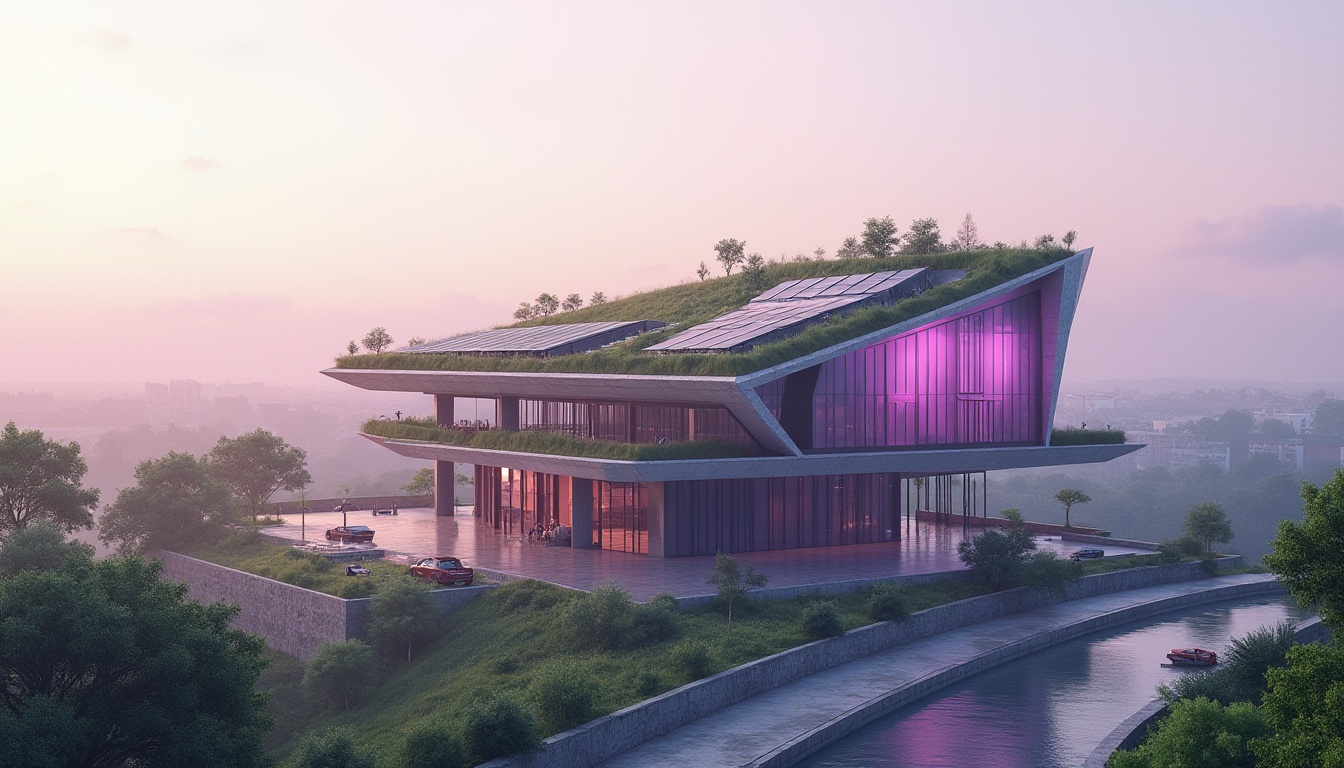 Prompt: Amethyst color, sustainable architecture, eco-friendly building, modern design, green roof, solar panels, recycled materials, glass facade, steel frame, angular structure, futuristic look, urban landscape, cityscape, morning light, soft focus, shallow depth of field, minimal composition, pastel colors, gradient sky.