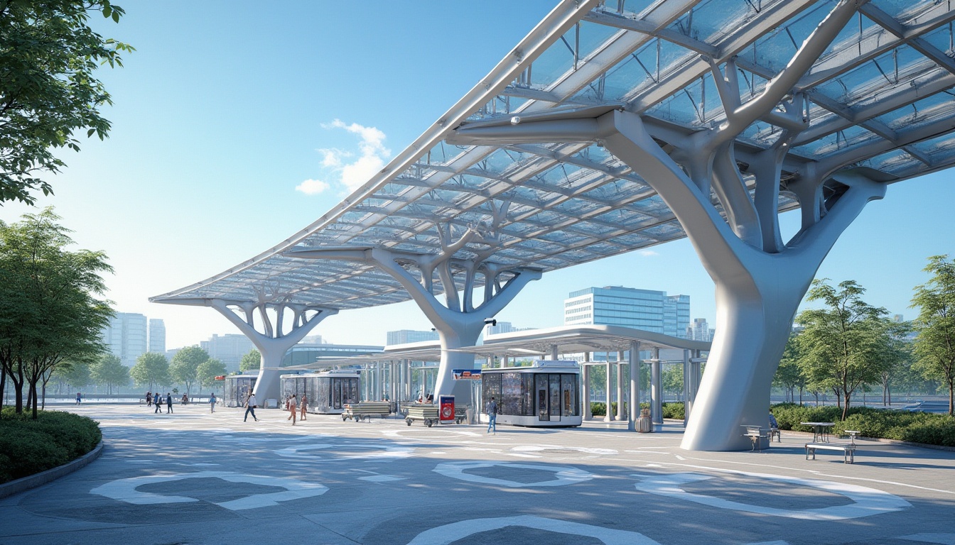 Prompt: Modern futuristic bus station, steel frame structure, sleek silver pillars, transparent glass roof, minimalist aesthetic, vibrant LED lights, dynamic curves, urban cityscape, daytime, clear blue sky, few pedestrians walking, greenery surrounding the building, unique geometric patterns on the floor, stainless steel benches, real-time digital displays, automatic sliding doors, wheelchair accessibility ramps.