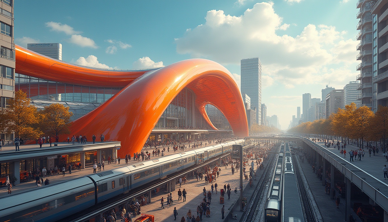 Prompt: vibrant orange, bold, futuristic, train station, modern architecture, curved lines, dynamic structure, metallic materials, sleek glass, urban atmosphere, bustling crowd, morning commute, rush hour, cityscape, blue sky, fluffy white clouds, warm natural light, 3/4 composition, shallow depth of field.