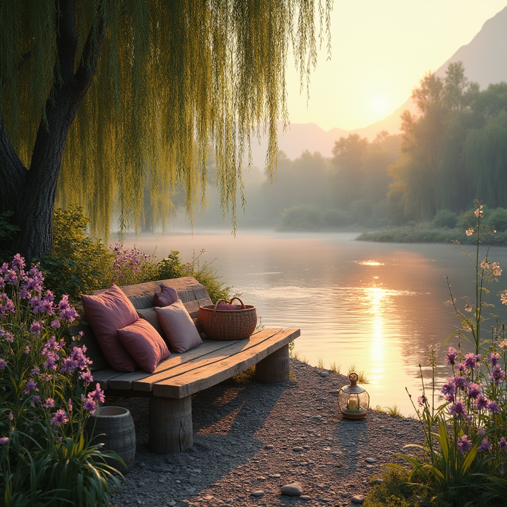 Prompt: Mauve color accents, riverside scenery, serene atmosphere, lush greenery, weeping willows, blooming wildflowers, vibrant purple irises, tranquil water reflections, pebbled riverbank, wooden benches, soft mauve cushions, natural textiles, woven baskets, rustic lanterns, warm sunset lighting, gentle ripples on the water surface, distant misty mountains, 3/4 composition, panoramic view, cinematic ambiance.