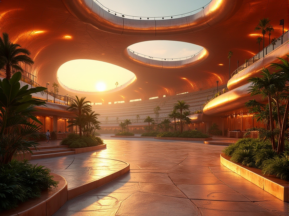 Prompt: Copper accents, innovative architecture, futuristic savannah stadium, sunset, golden light reflecting off copper surfaces, sleek modern lines, curved structures, abstract patterns on walls and floors, unique seating arrangements, vibrant greenery, tropical plants, African-inspired decor, dynamic lighting systems, dramatic shadows, panoramic view, low-angle shot, warm ambient glow, high-tech materials, metallic texture, reflective surfaces, bold geometric shapes.