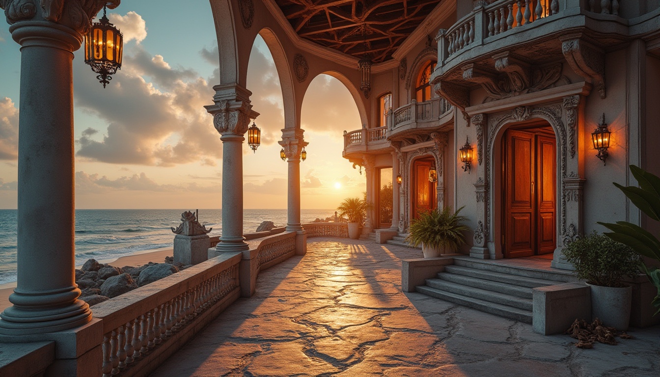 Prompt: Renaissance style beachside villa, steel framework, ornate details, grand entrance, majestic columns, intricate carvings, ocean views, sandy dunes, seaside rocks, driftwood, rusty anchors, vintage lanterns, warm sunset lighting, dramatic clouds, 3/4 composition, low-angle shot, cinematic mood, atmospheric haze.