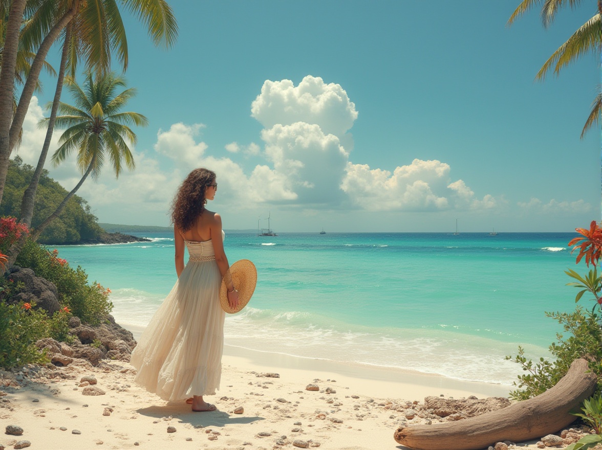 Prompt: Renaissance-style beachside villa, luxurious mature lady, 35yo, curly brown hair, elegant pearl necklace, natural makeup, strapless swimsuit, high-waisted flowing skirt, sandals, holding a wide-brimmed straw hat, standing on the beach, gentle ocean breeze, clear blue sky, few puffy white clouds, lush greenery, driftwood, seashells, pebbles, sustainable design elements, recycled materials, solar panels, wind turbines, eco-friendly architecture, organic gardens, blooming flowers, serene atmosphere, warm golden lighting, panoramic view, 3/4 composition.