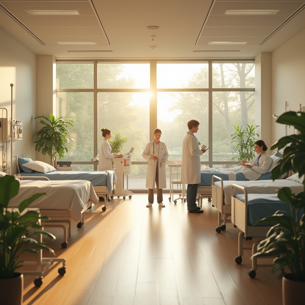 Prompt: Modern clinic interior, natural light pouring in through large floor-to-ceiling windows, warm beige walls, wooden floors, minimalist furniture, doctors and nurses in white coats, stethoscopes around their necks, patients lying on beds, IV poles, medical equipment, green plants scattered throughout, calm atmosphere, 3/4 composition, soft lighting, panoramic view, facial close-up, realistic texture, ambient light, cinematic composition, afternoon sunlight.