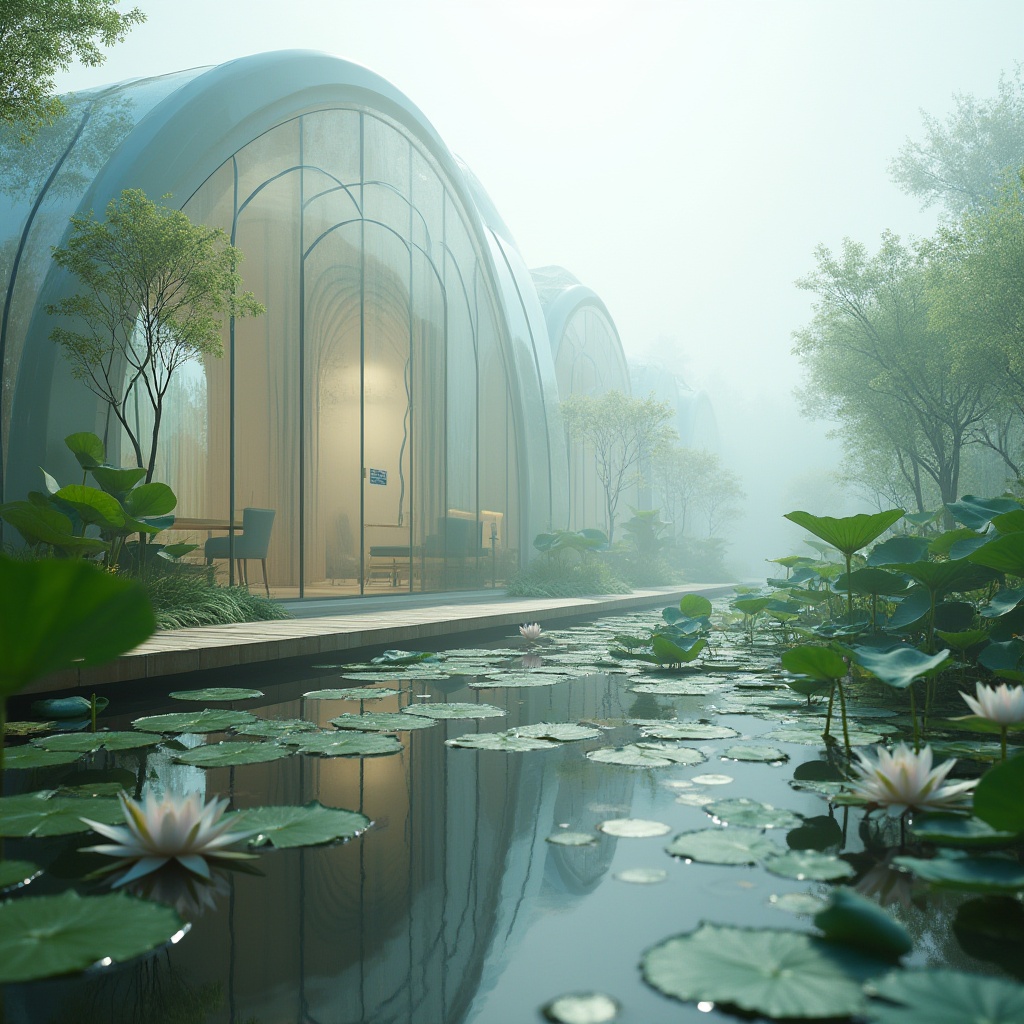 Prompt: Polycarbonate architecture, futuristic, wetland design, solo, modern, sleek, transparent walls, curved lines, reflective surface, water lilies, lotus flowers, aquatic plants, misty atmosphere, foggy morning, soft lighting, 3/4 composition, low-angle shot, shallow depth of field, vibrant greenery, serene ambiance, abstract reflections, ripples on the water surface, wooden planks, natural materials, eco-friendly, sustainable design.