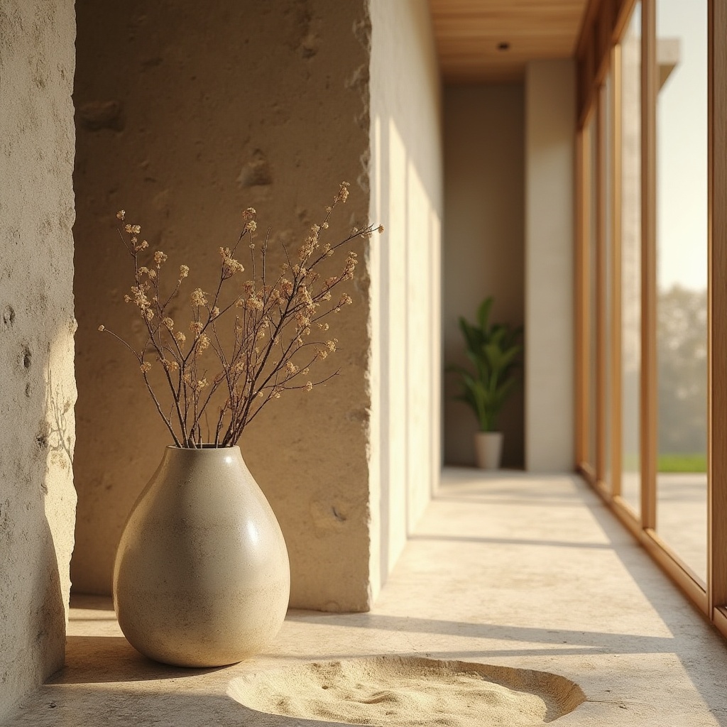 Prompt: Modern interior design, luxurious villa, incorporating sand-casted materials, textured walls, rough stone flooring, wooden accents, natural beige tones, warm ambient lighting, 3/4 composition, close-up on decorative vase, soft focus background, shallow depth of field, realistic rendering, morning sunlight streaming through large windows, plants with sandy soil, subtle shadows, minimalistic decor.