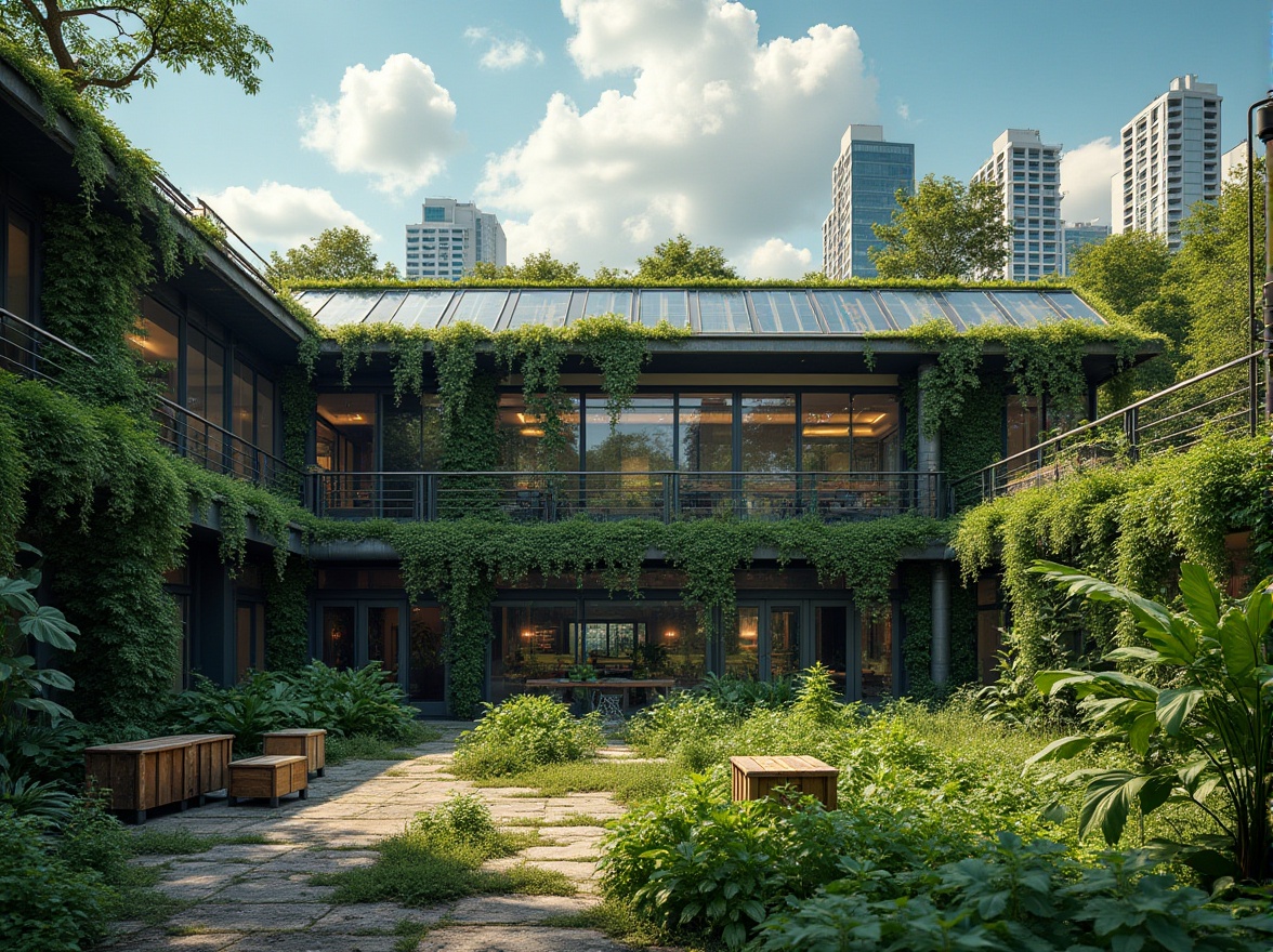 Prompt: Industrial warehouse, green architecture style, modern design, lush greenery, vines crawling up walls, skylights, clerestory windows, natural light pouring in, solar panels on roof, recycled materials used, minimalist interior, wooden crates, metal beams, exposed ductwork, industrial chic decor, abundant plants, living wall, urban jungle feel, cityscape background, blue sky with fluffy white clouds, warm sunny day, 3/4 composition, shallow depth of field, soft natural lighting.