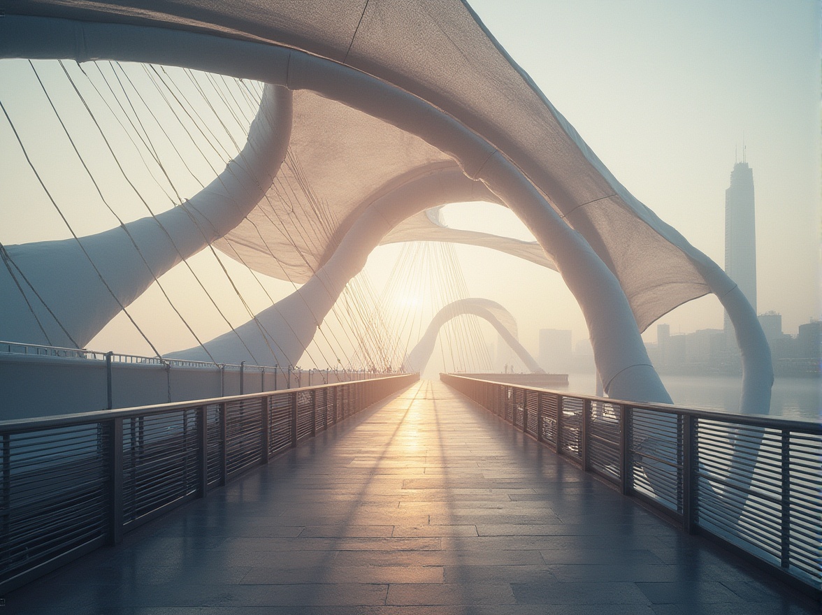 Prompt: Modern bridge, incorporating fabrics, innovative design, flowing curves, suspended fabric panels, intricate textures, soft lighting, gentle shadows, urban landscape, cityscape, waterfront, riverbank, pedestrian walkway, steel beams, glass railings, futuristic architecture, atmospheric perspective, misty morning, warm ambient light, cinematic composition.