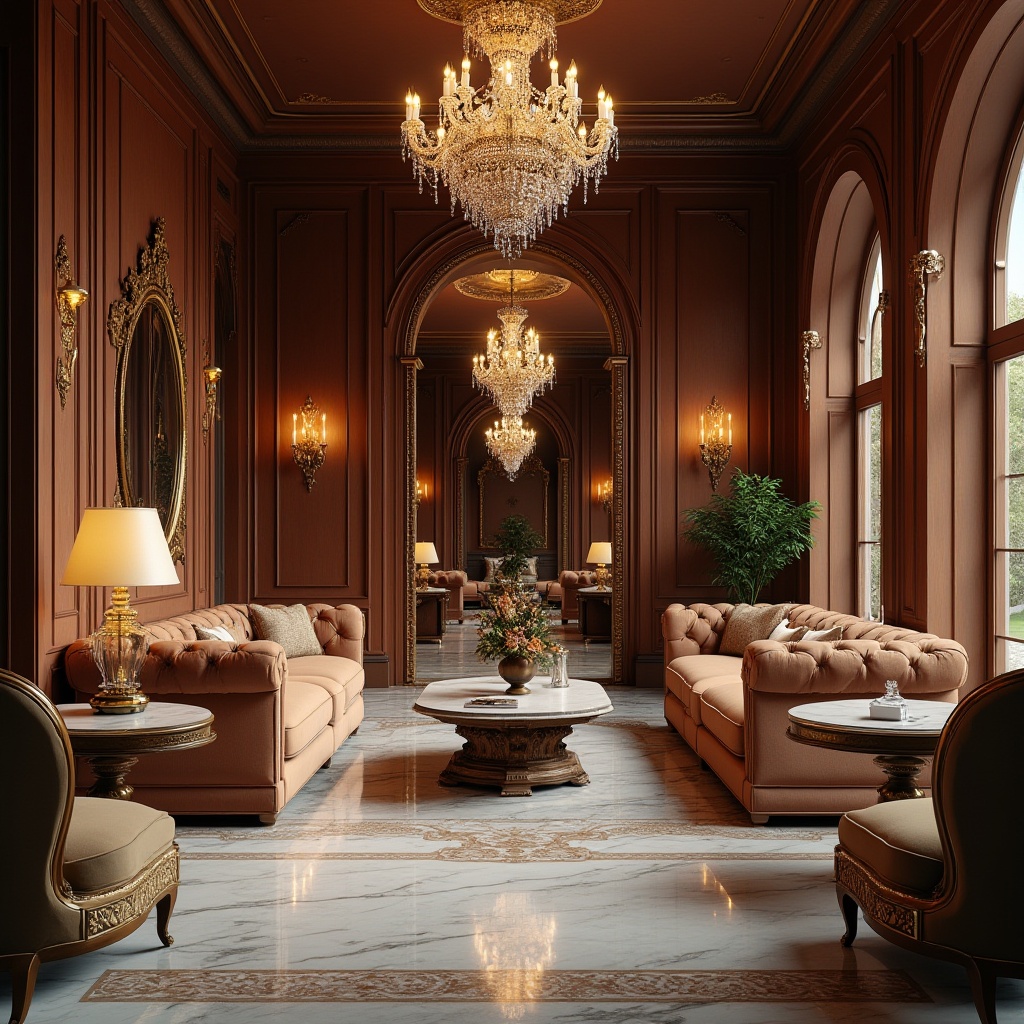 Prompt: Classic spaces, luxurious interior, rich wood tones, velvet sofas, ornate mirrors, crystal chandeliers, marble floors, carved wooden tables, upholstered armchairs, intricate patterns, subtle gold accents, soft warm lighting, symmetrical composition, 3/4 view, depth of field, high-end materials, detailed textures.